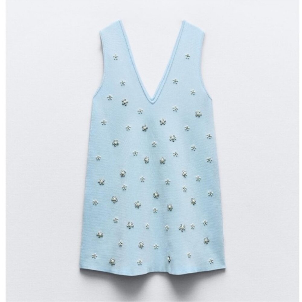 Zara Sky Blue Mini Dress with Floral Details